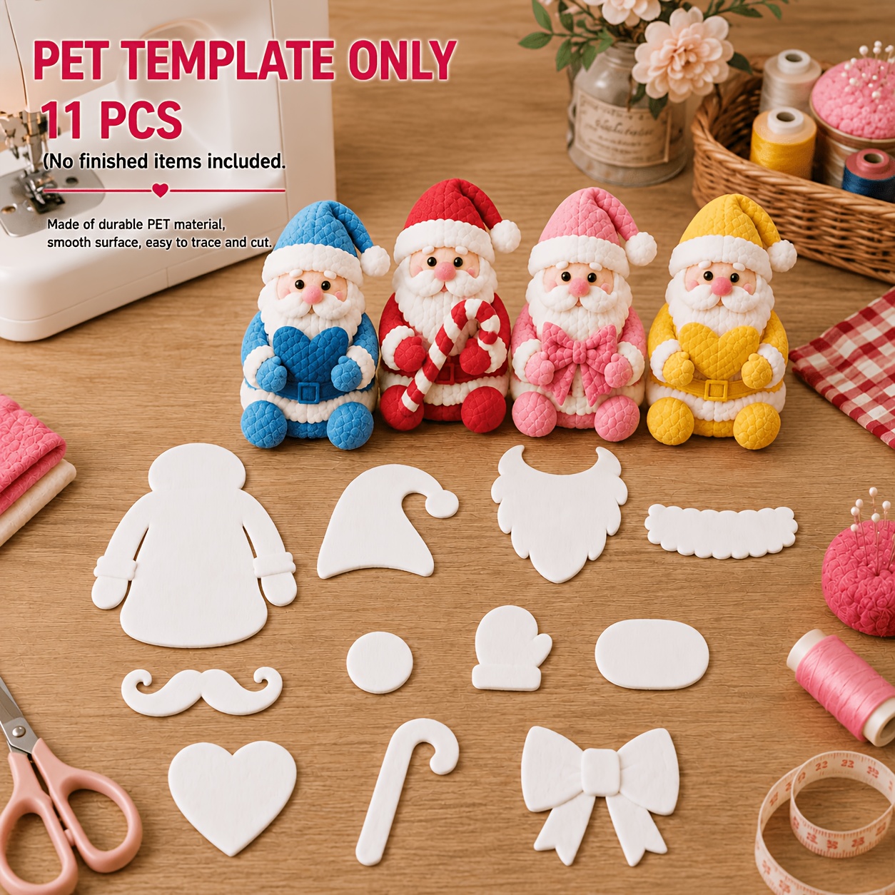 TEMU 11pcs Reusable Pet Hollow Sewing Pattern Template, Christmas Quilting Template With Santa, Hearts, Candy Cane, Bow Shapes, Felt Craft Stencils