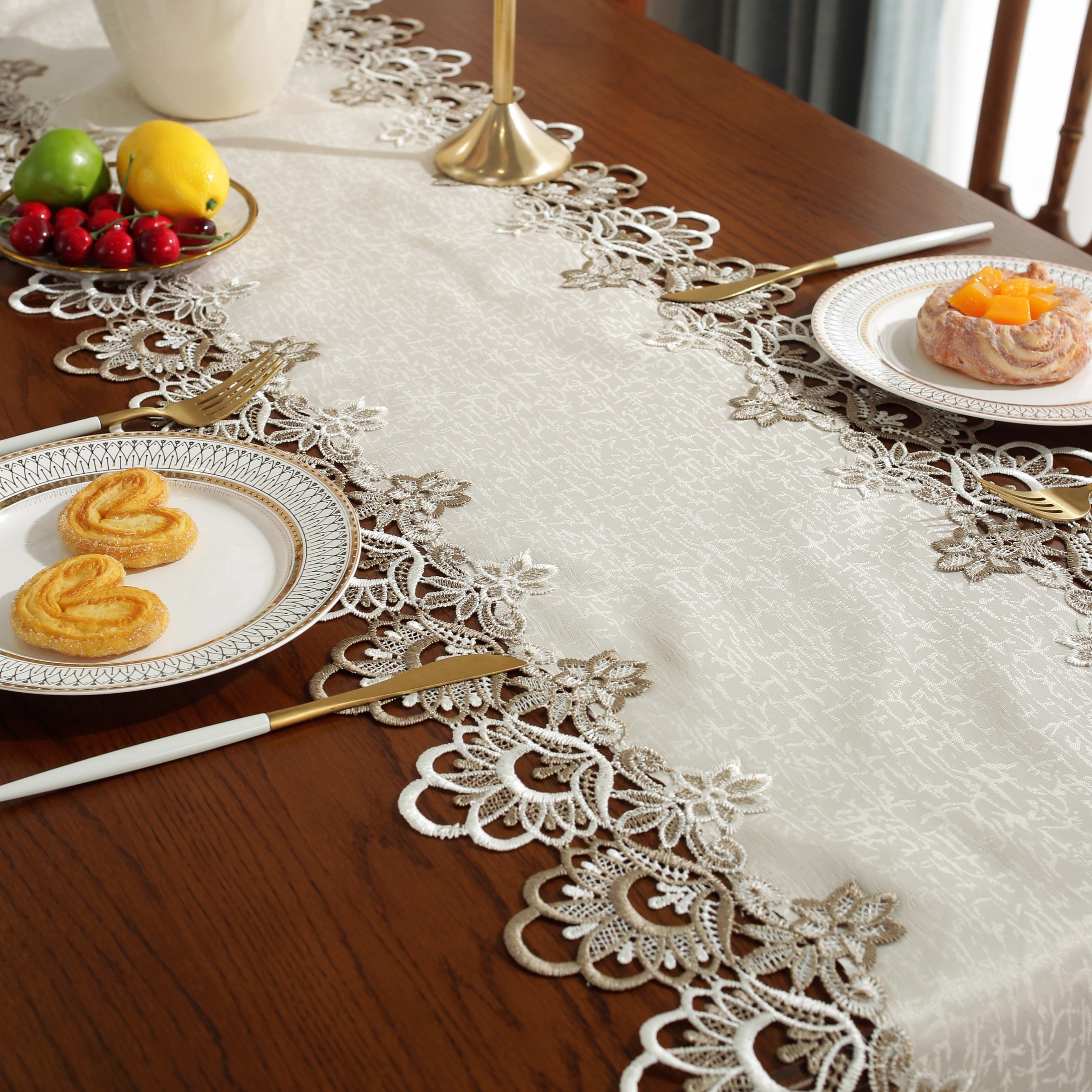 Image of Elegant Polyester Table Runner With Lace Trim - Dual-tone, For Dining, Coffee Tables & More - Perfect For Home Decor, Parties, And , Kitchen Essential, Garden Camping, Birthday Holiday