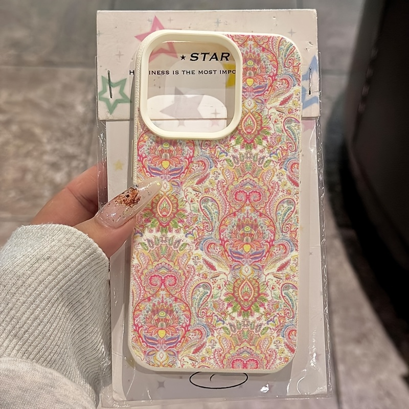 Image of Phone Case - Boho Colorful Paisley Print Phone Case, Full Tpu Lychee Texture, Soft Bumper Raised Edges Anti-slip Shockproof For Iphone 17 16 15 14 13 12 11 Pro Xs