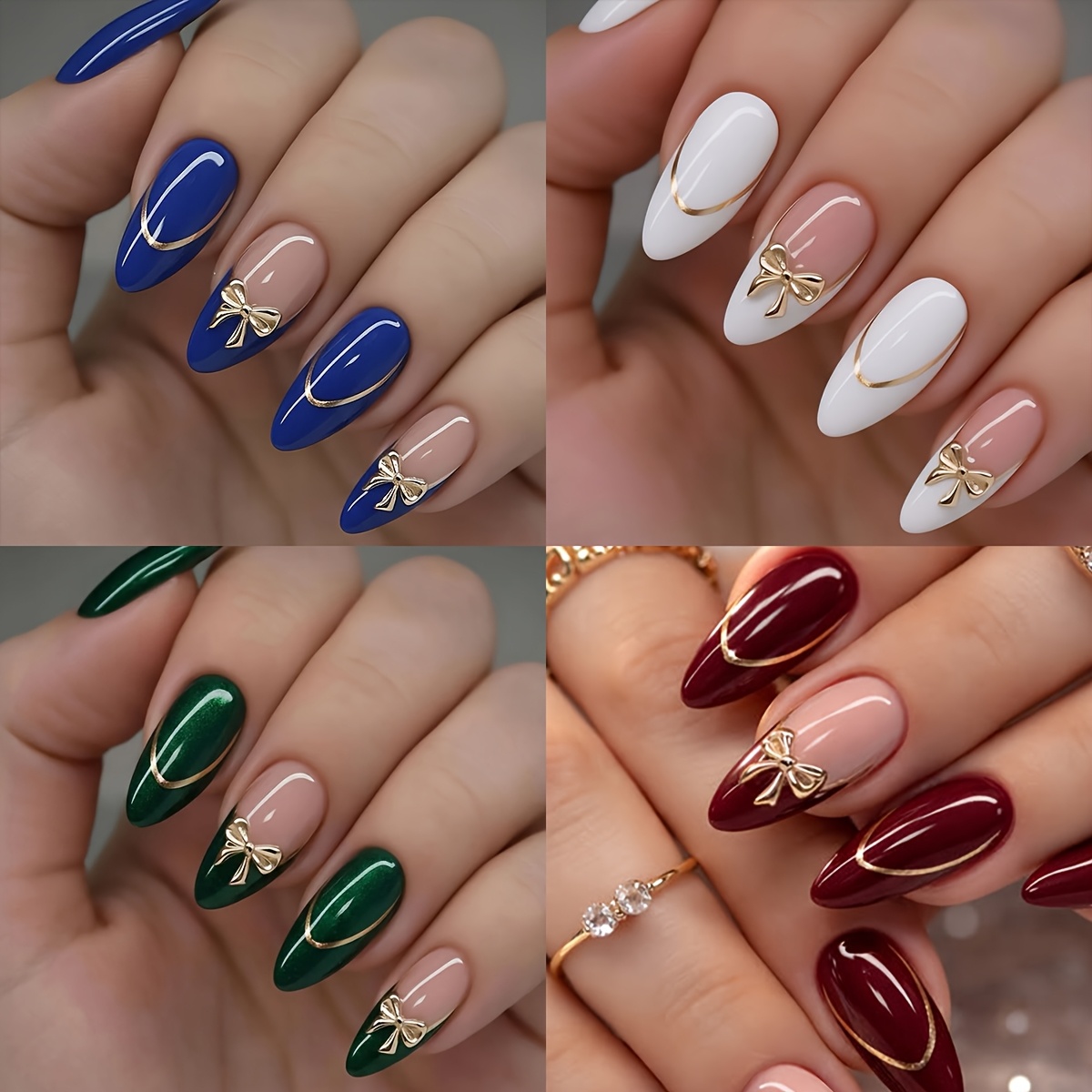 TEMU 96pcs Set Of Press-on Nails, Mixed And Solid Colors With Golden Lines, Three-dimensional Bow Decorations, Stylish And Sweet Almond-shaped Nail