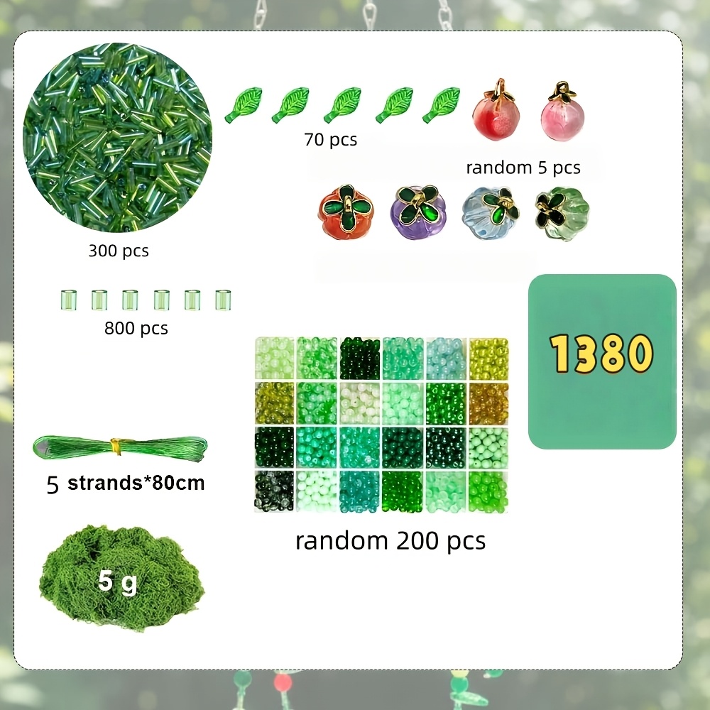 TEMU Kit per di fioriere con perline Morandi stile Ins, 1380 pezzi, con ciondolo a foglia e casuale e kit per di fioriere con perline di vetro verde