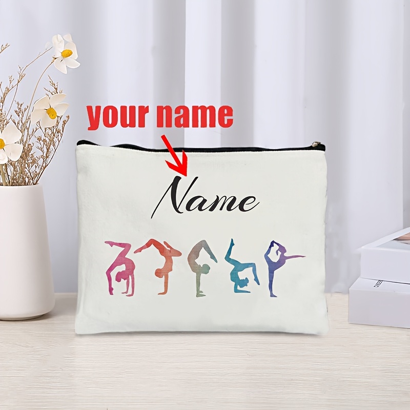 

1pc Custom Gymnastics Pattern Makeup Bag - Personalized Name, Lightweight & Foldable Cosmetic Pouch, Polyester With Black Zipper, Ideal For Travel & Gifts, White