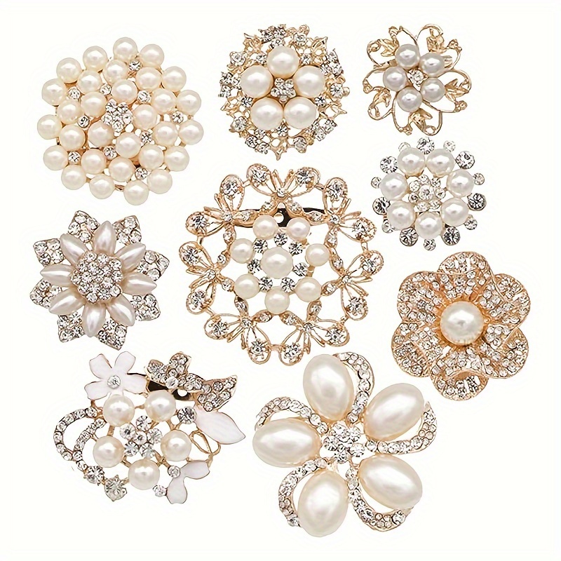 

9 Piece Rose Golden Rhinestone Brooches, Large Pearl Crystal Wedding Bouquet Set, Zinc Alloy Accessories