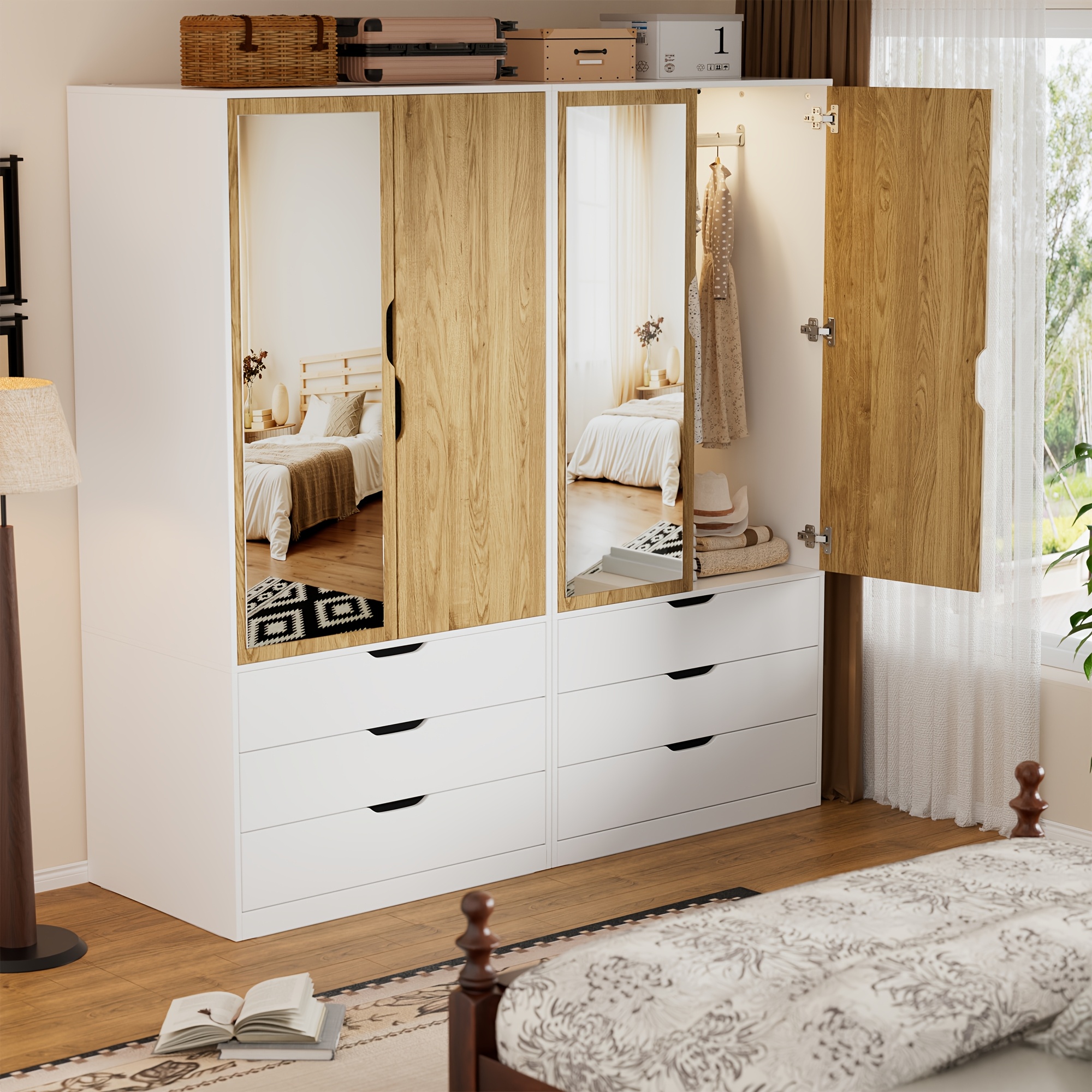 Image of Wardrobe, White, Bedroom Wardrobe With Mirror And 3 Drawers, , 80x50x180cm (bxtxh), Suitable For Bedroom, Walk-in Closet, Living Room, Apartment