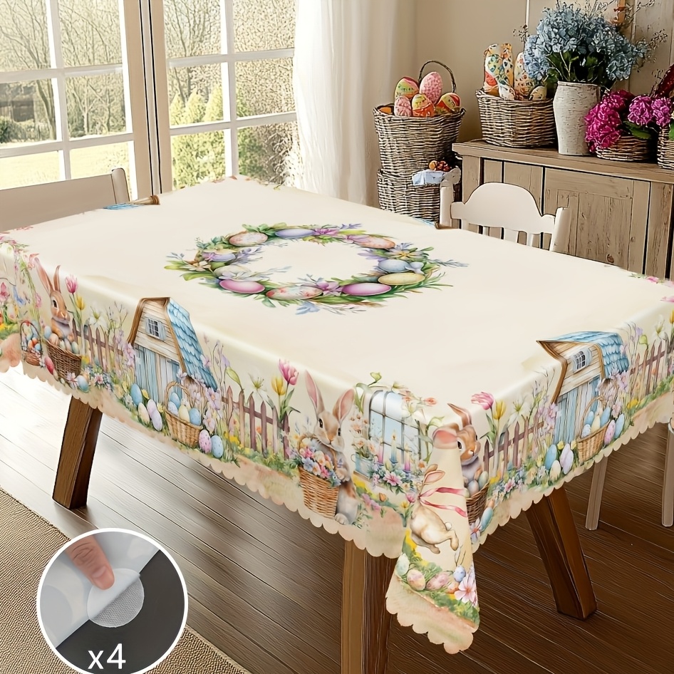 

Easter Tablecloth Set With 4 Self-adhesive Pads, Cartoon Bunny And Design, 100% Polyester, Woven Machine-made Table Cover For Spring, Perfect Gift For Home, Kitchen, Dining Indoor/outdoor Decor