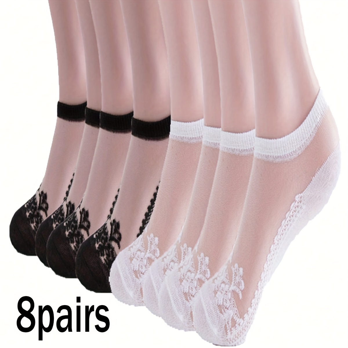 Image of 8 Pairs Spring And Summer Thin Breathable Translucent Retro Floral Invisible Boat Socks, Soft And Comfortable, Fashionable And Versatile