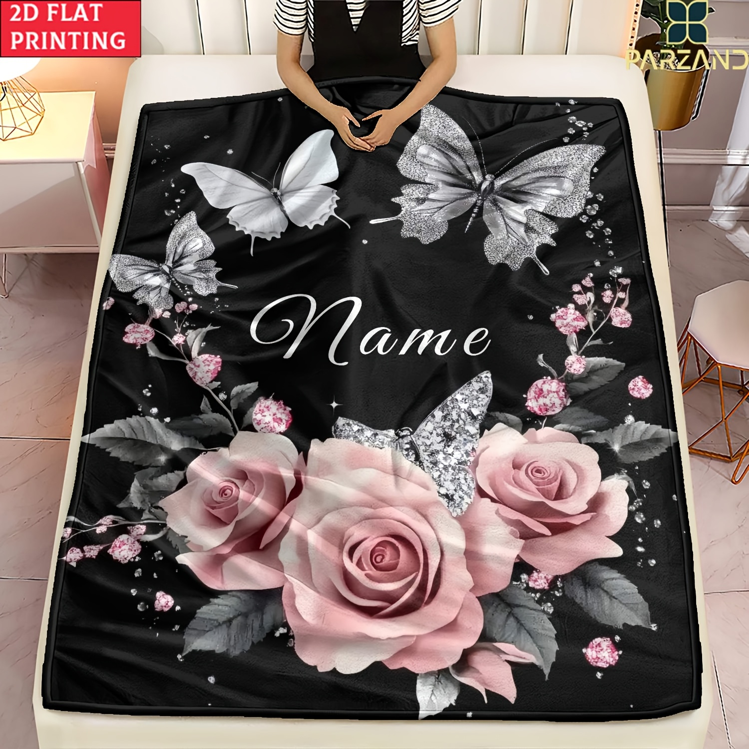 TEMU 1pc Custom Name And Rose Portable Blanket- Lightweight Throw For Sofa Bed Travel Camping, Livingroom Office Couch Chair, And Bed - Digital