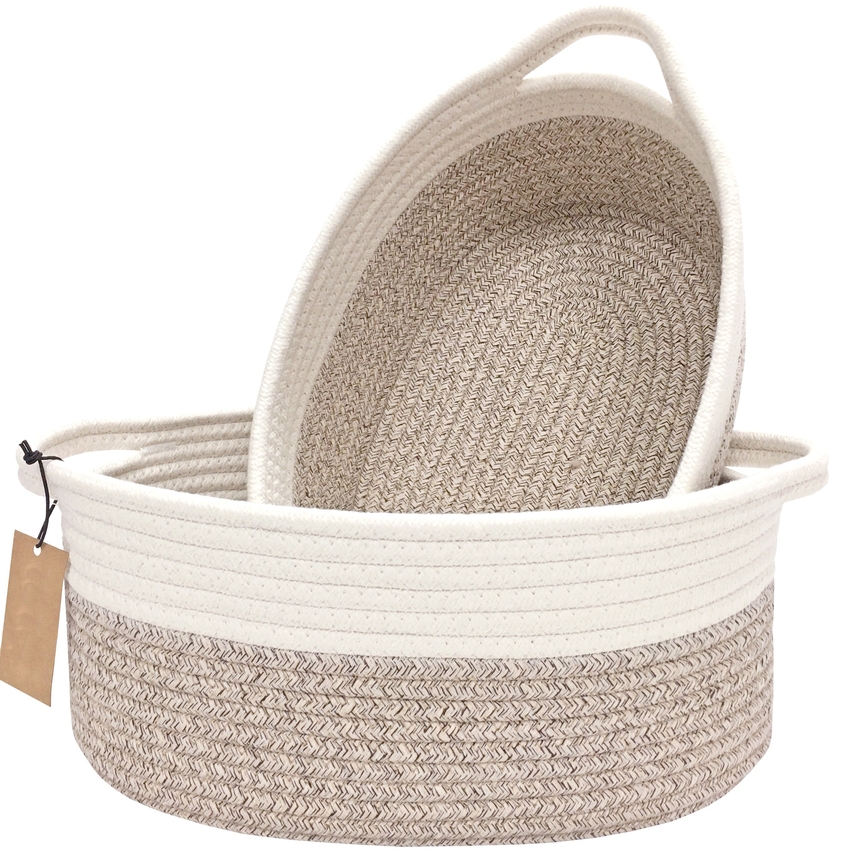 

2pack Cute Small Woven Gift Basket With Handles, 1pcs 13.8"x9"x6.1"+ 1pcs 12.6"x8.2"x5.5", Cotton Rope Basket Room Decor, Shelf Storage Basket Chest Box Bin For Cat And Dog Toys, Empty Decorative Gift