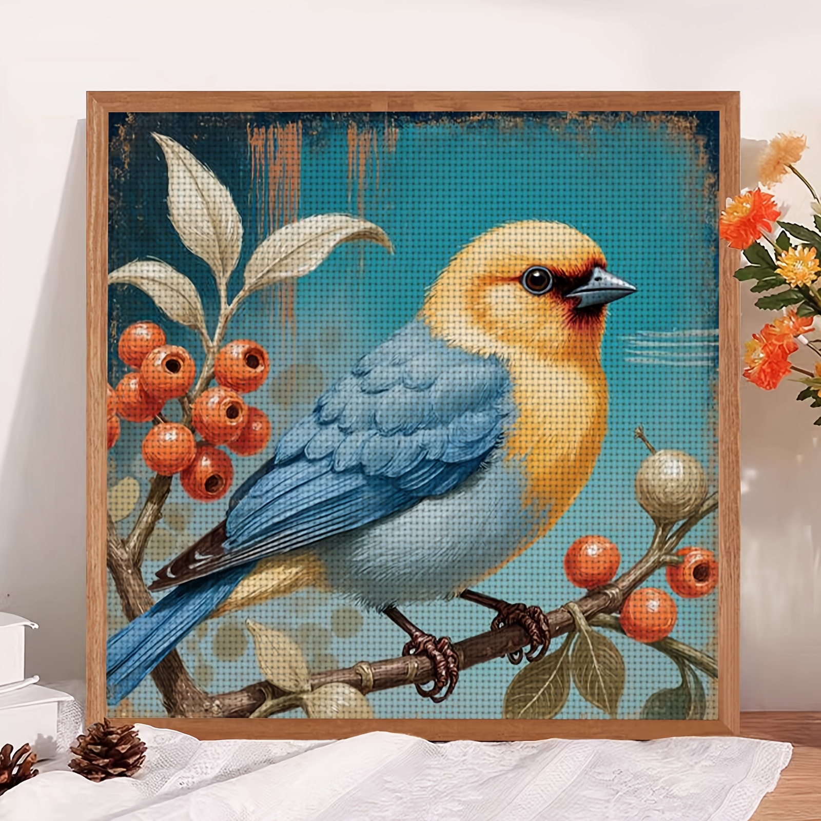 Cross Stitch Kit "Colorful Bird on Berry Branch" Pattern, Ideal for Beginners