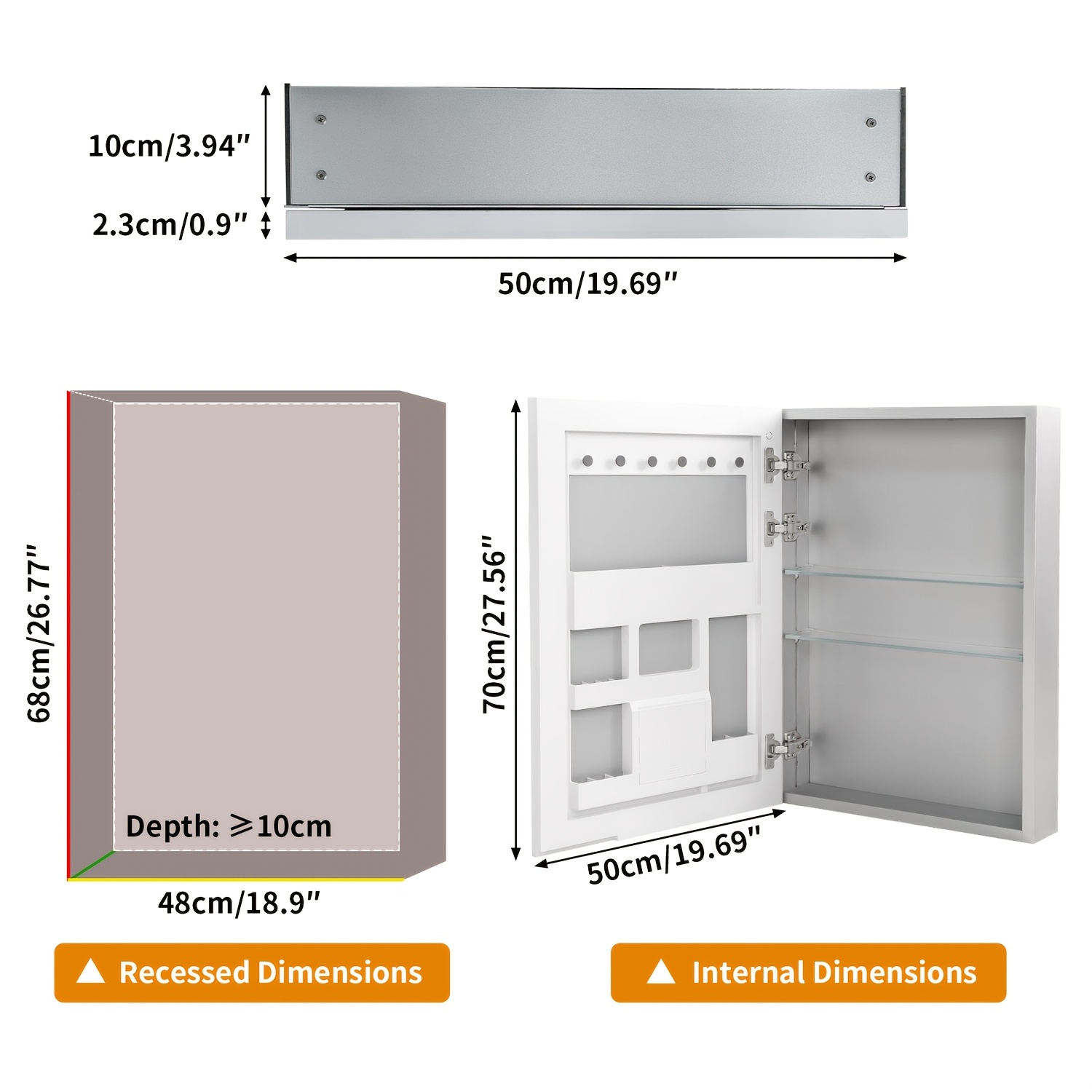 Image of Wall-mounted Bathroom Storage Mirrored Cabinet Versatile Silvery Mirrored Medicine Cabinet Unique Recessed/ Surface Mount Mirror Cabinet With Organizer Shelves
