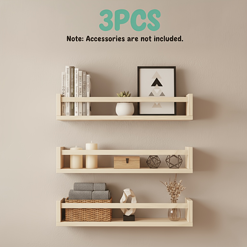 1pc/2pcs/3pcs Natural Wood Floating Wall Shelves - Classic Rustic Style Wall-mounted Storage For Bathroom, Kitchen, Bedroom And Office - Space- Home Decor Organizer, Quality , Floating Shelves