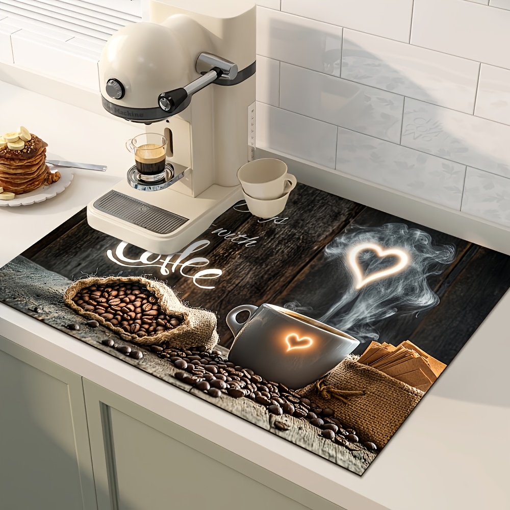 TEMU 1pc Coffee Maker Mat, Dish Drying Mat, Quick-drying Absorbent Mat For Kitchen Sink, "wonderful Coffee Bar" Theme Drying Mat, Coffee Cup Mat,