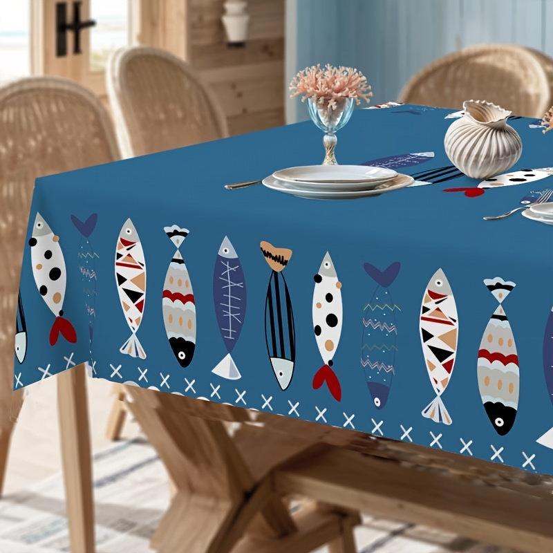 TEMU 1pc Vintage Tablecloth - Shark And Nautical Chart Pattern, Durable Polyester Rectangular Tablecloth, Suitable For Spring/summer Holiday Decor,