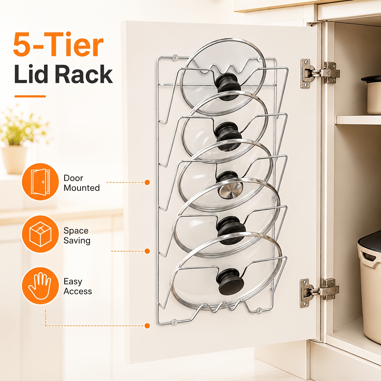1pc Large Size 5-Tier Wall-Mounted Pot Lid Storage Rack, Stainless Steel Kitchen Organizer