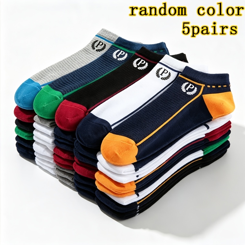 TEMU Calzini alla caviglia da con "P" jacquard a blocchi di casuali, confezione da 5 , calzini sportivi a barca in rete traspirante per /estate/,