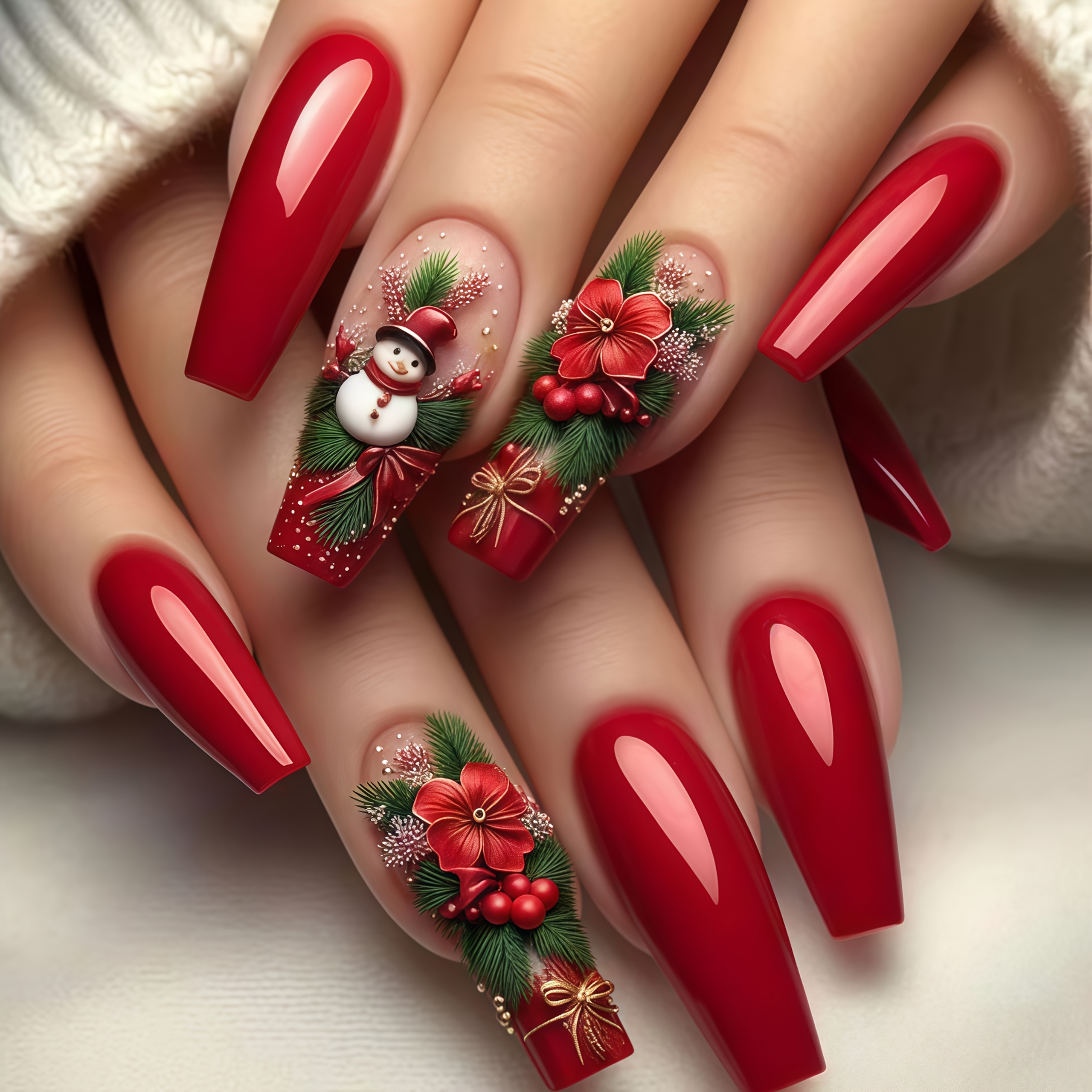 TEMU 24pcs Press-on Nails With Red, Green, White, And Golden Designs Featuring , Christmas Snowman With Snowflakes, Christmas Tree With Gift Box, And