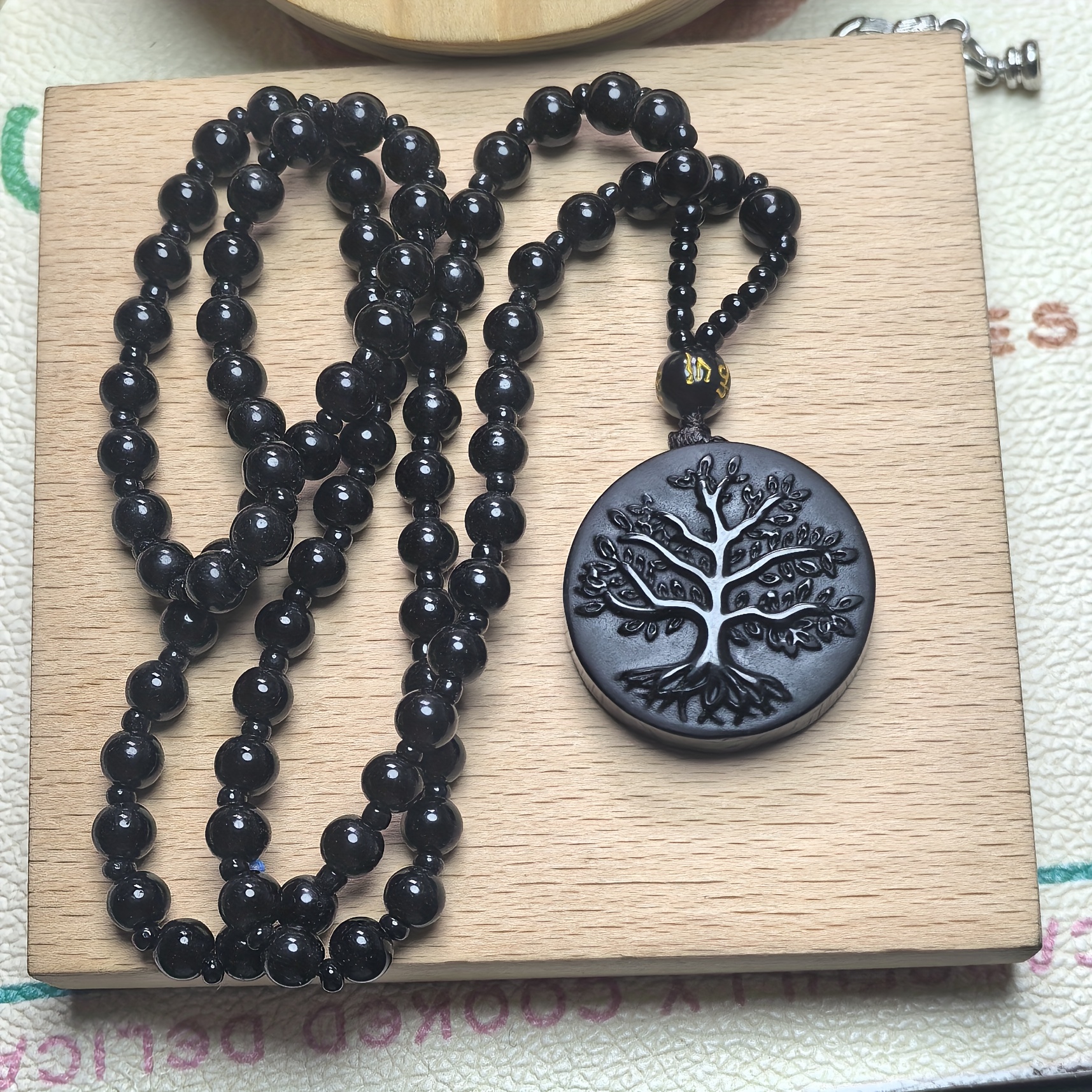 Image of Natural Obsidian Tree Of Life Pendant Jewelry Men's And Women's Sweater Chain
