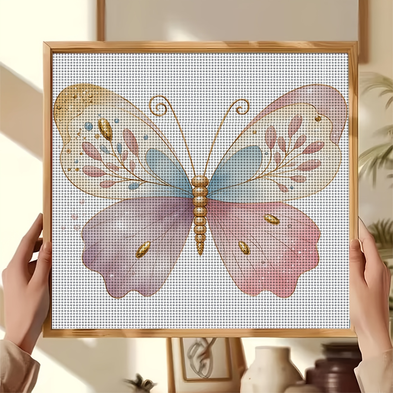 DIY Cross-Stitch Printed Kit, Unframed, Pink-to-Blue Gradient Butterflies