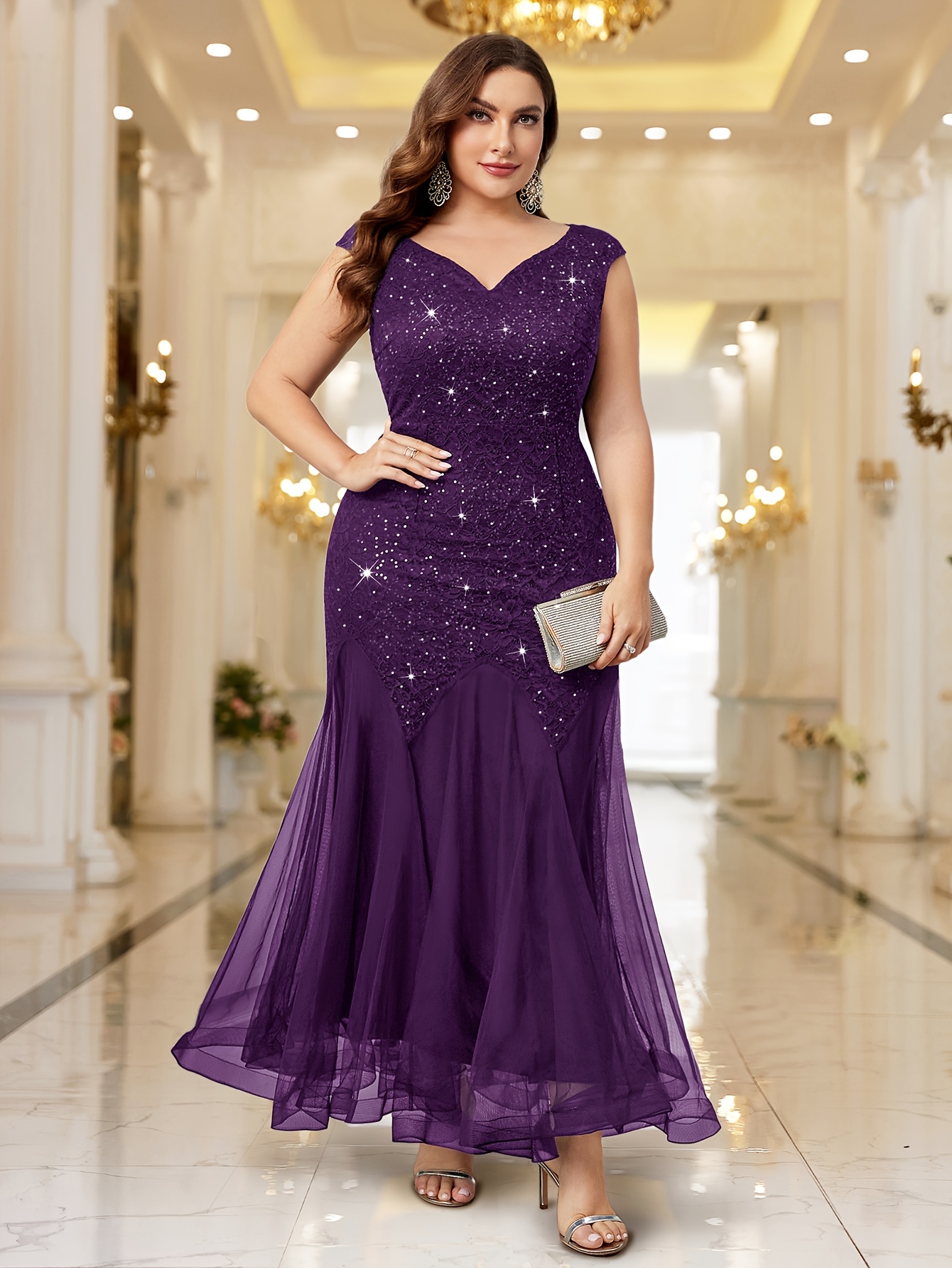 plus size purple mermaid dress plus size p23163 womens plus size sequin lace sheer