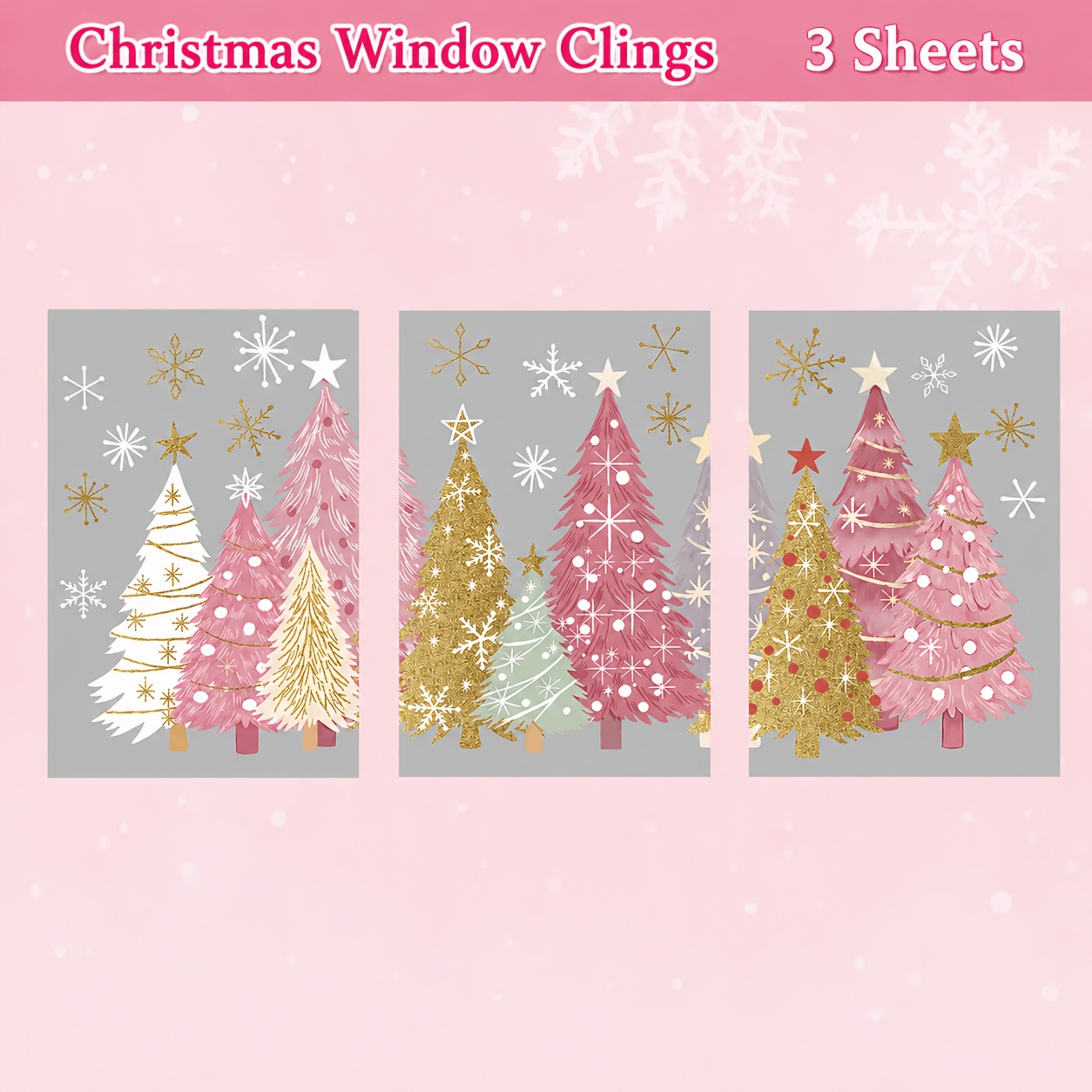 3 Sheets Christmas Window Clings Window Decals Golden Xmas Tree Snowflake, Windows Decor