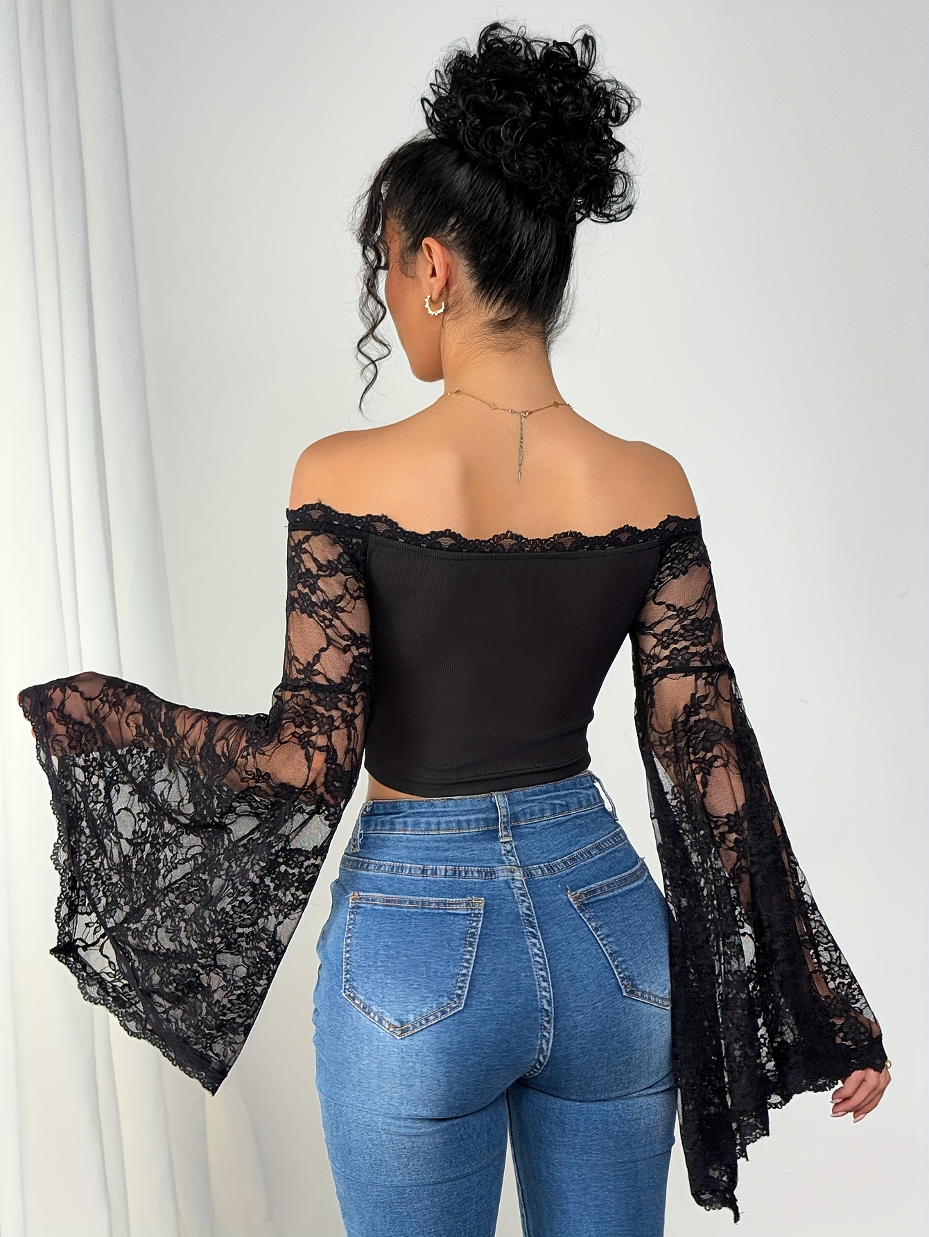 Bell Sleeve Shoulder Off Blouses Women's Shoulder Lace Spliced