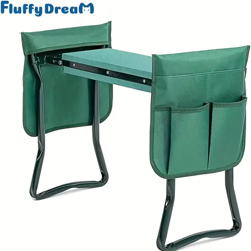 foldable garden kneeler and seat with thick eva foam pad heavy duty metal frame tool pouch green fabric cover gardening fishing and outdoor relaxation