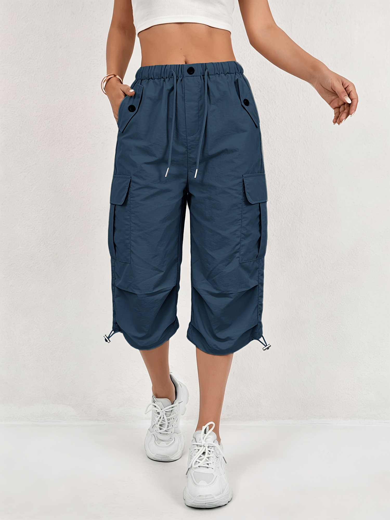 womens quick dry cargo capri pants with elastic waist drawstring lightweight stretch suitable for outdoor pants multi trousers machine washable loose fit   length for travel casual attire