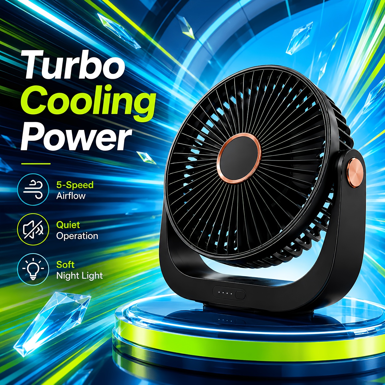 TEMU Portable Desktop Fan, Portable Cooling Fan, Usb-c Rechargeable, 6-speed Fan With Led Night Light, Rechargeable Fan, Suitable For Home, Office,