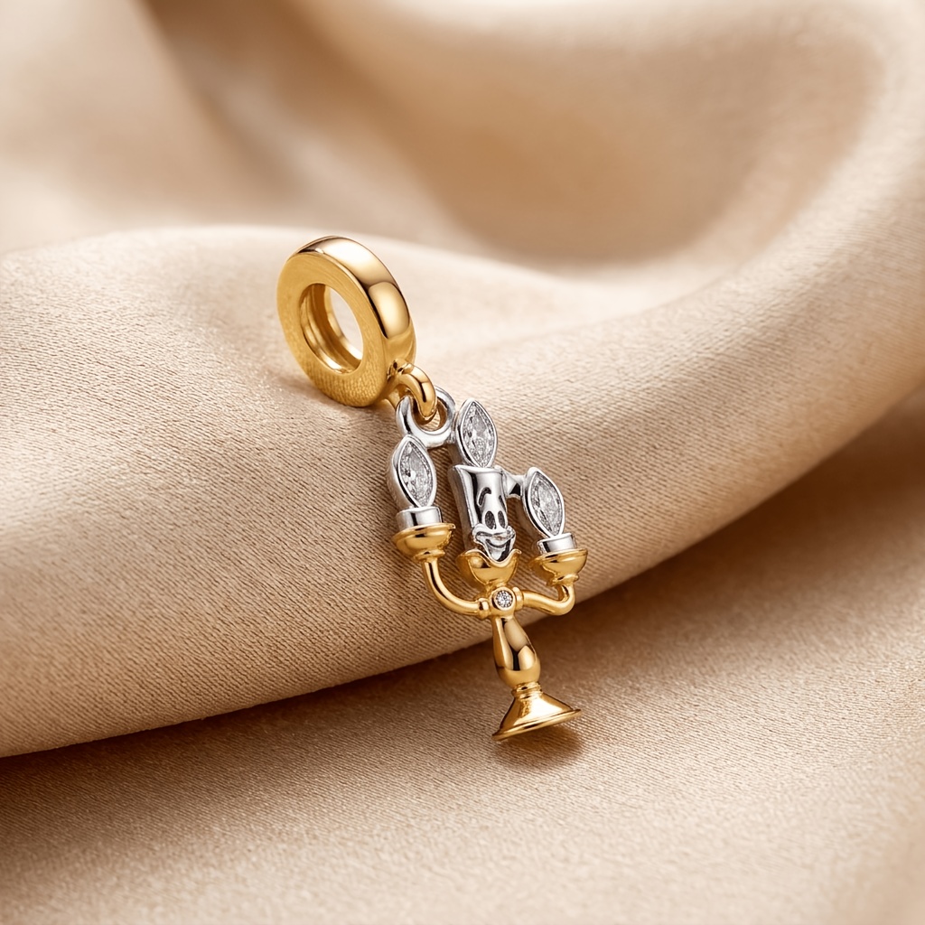 TEMU 1pc Cartoon Candlestick Pendant Bead, Fairy Tale Vintage Style Pendant Bead With Golden And Silvery Marquise Synthetic Zirconia Details, Diy