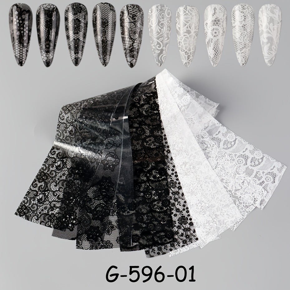 10pcs White Black Lace Nail Art Foil Transfer Stickers Retro Laces Petals Starry Holographic Diy Transfer Foils Manicure Wraps