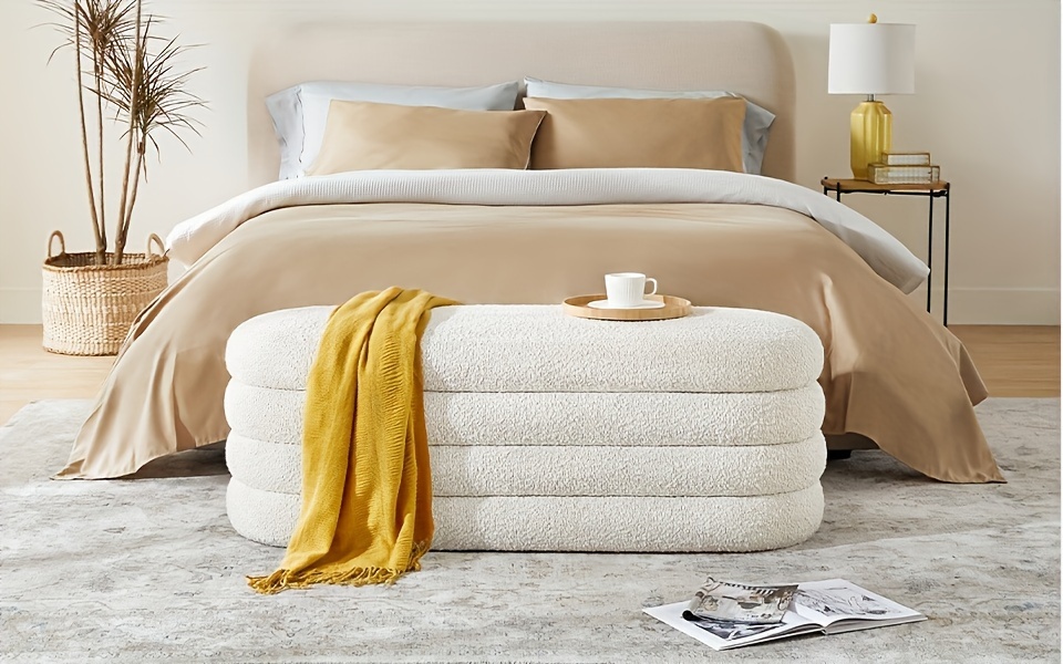 Storage Ottoman Bench 49.2 Inch Upholstered Fabric Storage Bench for Bedroom End of Bed Aesthetic Large Oval Storage Ottoman for Living Room Entryway