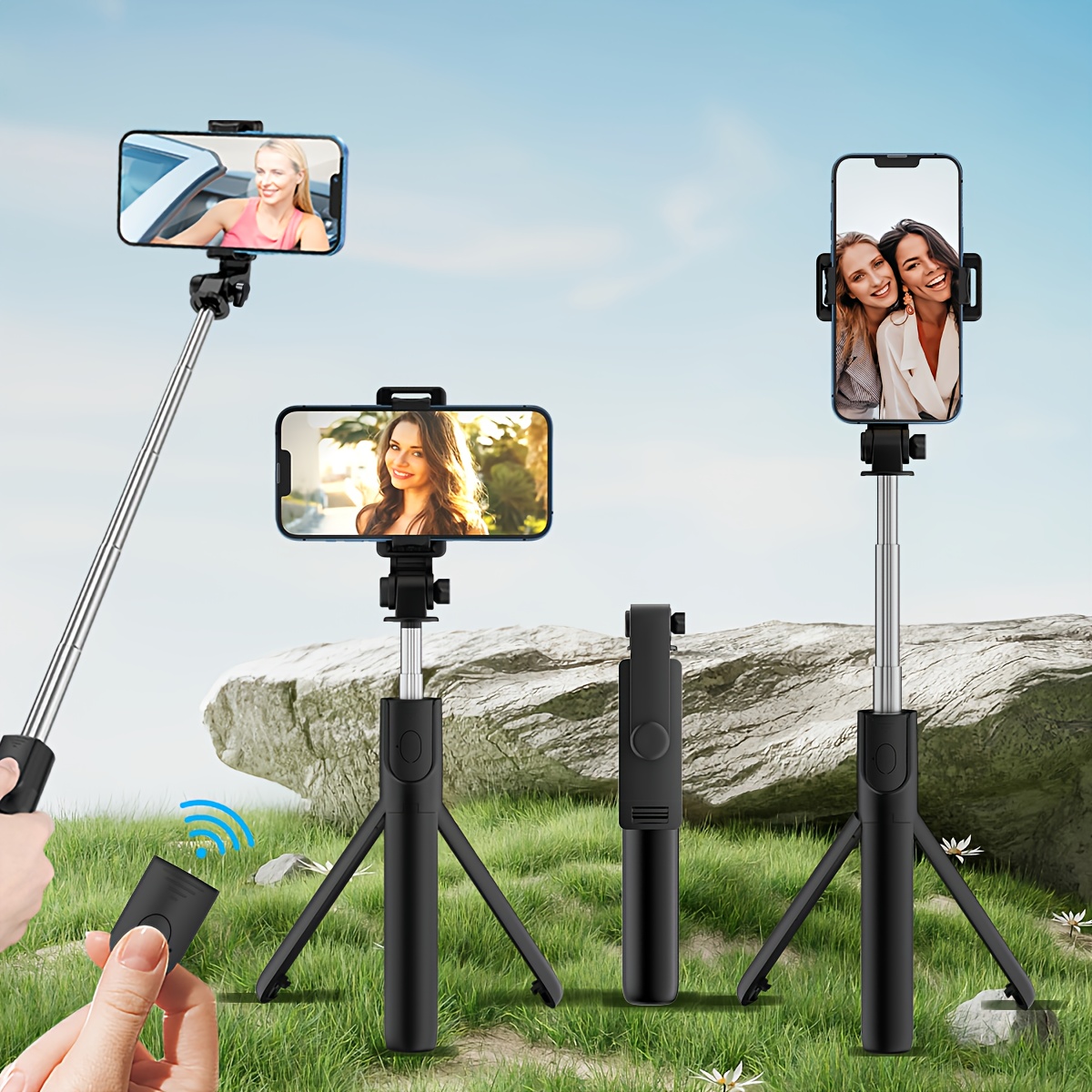 1 szt. statyw selfie stick 27-calowy, przenośny stojak na telefon, regulowany, rozkładany, obrót 360°, do użytku ręcznego i pionowego na podróże, kemping, kompatybilny z iphone,   smartfonami