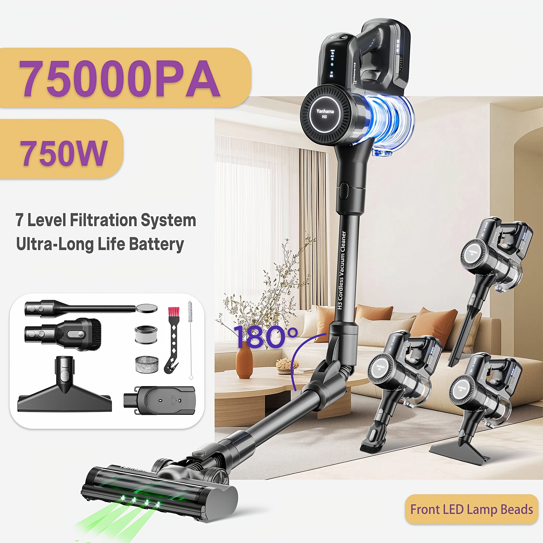 Image of 75kpa/750w High Suction Vacuum Cleaner, Handheld Multi-directional Cleaning, Floor Cleaning, 3 Brush Heads Replacement, , Home Cleaning Vacuum Cleaner