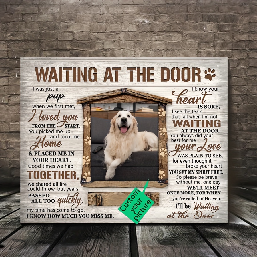 

(custom) 1pc Wooden Framed Sayings For Loss Of Pet Dog Lover Gifts Waiting At The Door Canvas Decor For Bedroom Living Room Home Walls Decoration With Framed Ready To Hang 11.8inchx15.7inch