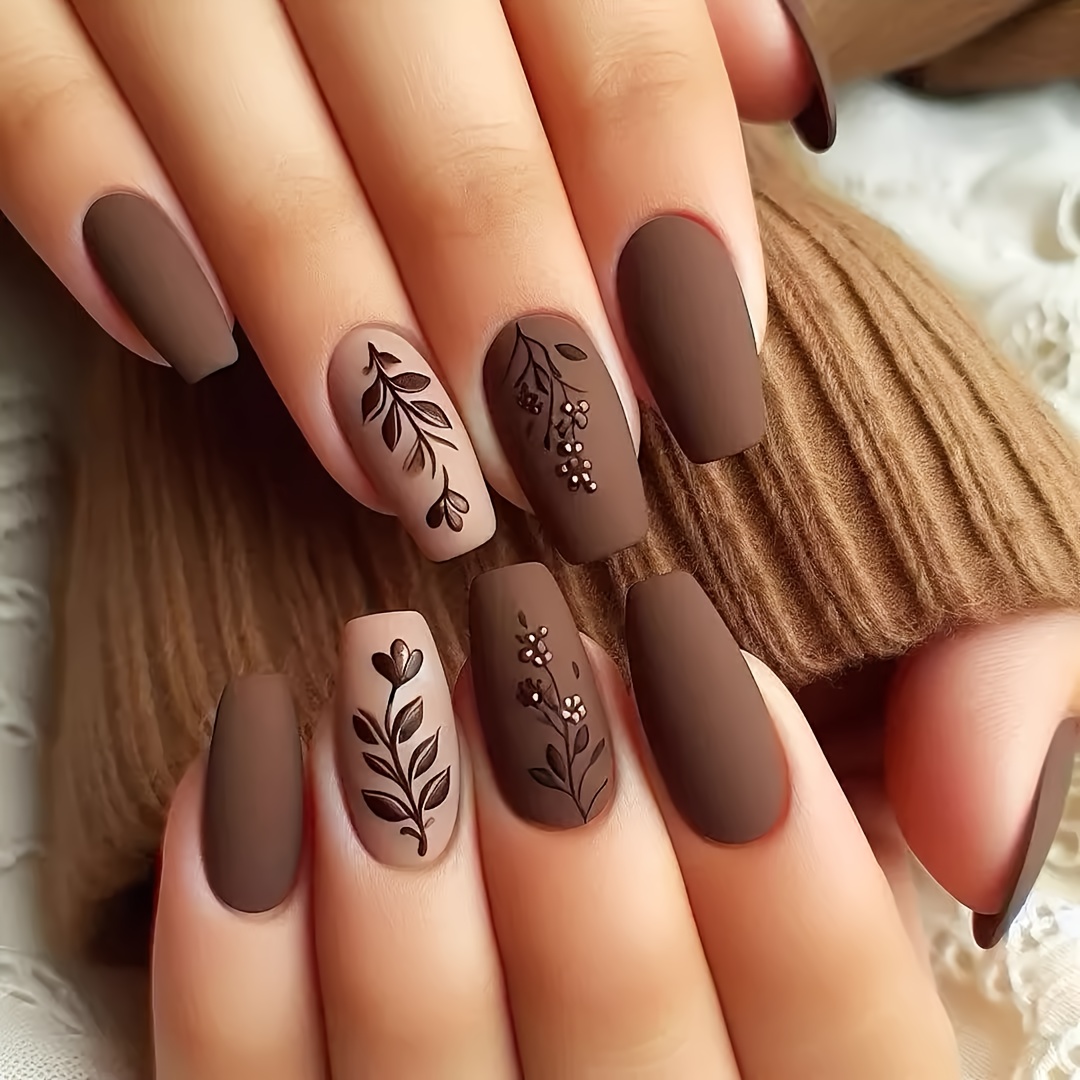 

24pcs Matte Brown Press-on Nails - Medium Length With , Fall &