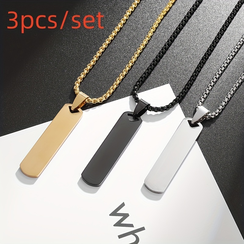 

3pcs High Quality Fashionable Stainless Steel Glossy Rectangular Pendant Necklace For Men And Women Daily Hip Hop Party Accessories