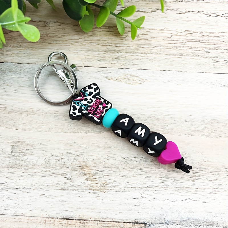 Custom Leopard Print Doctor Costume Silicone English Letter Small Heart Beaded Keychain With Custom Name, Pendant & Gift