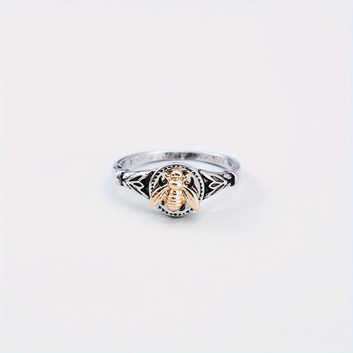 TEMU Vintage Boho Bee Carved Ring, Zinc Alloy Fashion Jewelry, No Plating Antique Style Band For Daily Wear & Gift Giving - Single Pack