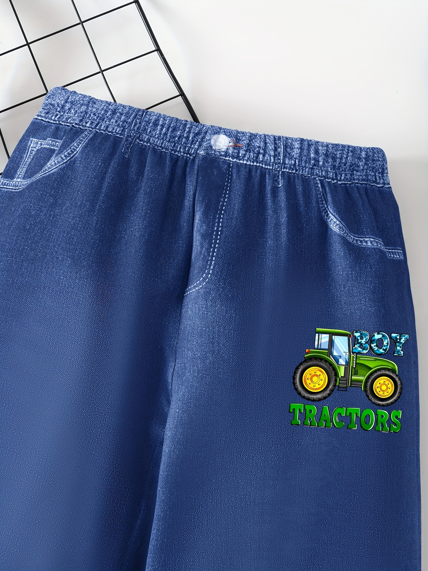 Boy's Tractor And Truck Pattern Faux Denim Pants, Comfy Casual Imitation  Denim Printed Versatile Trousers For Summer