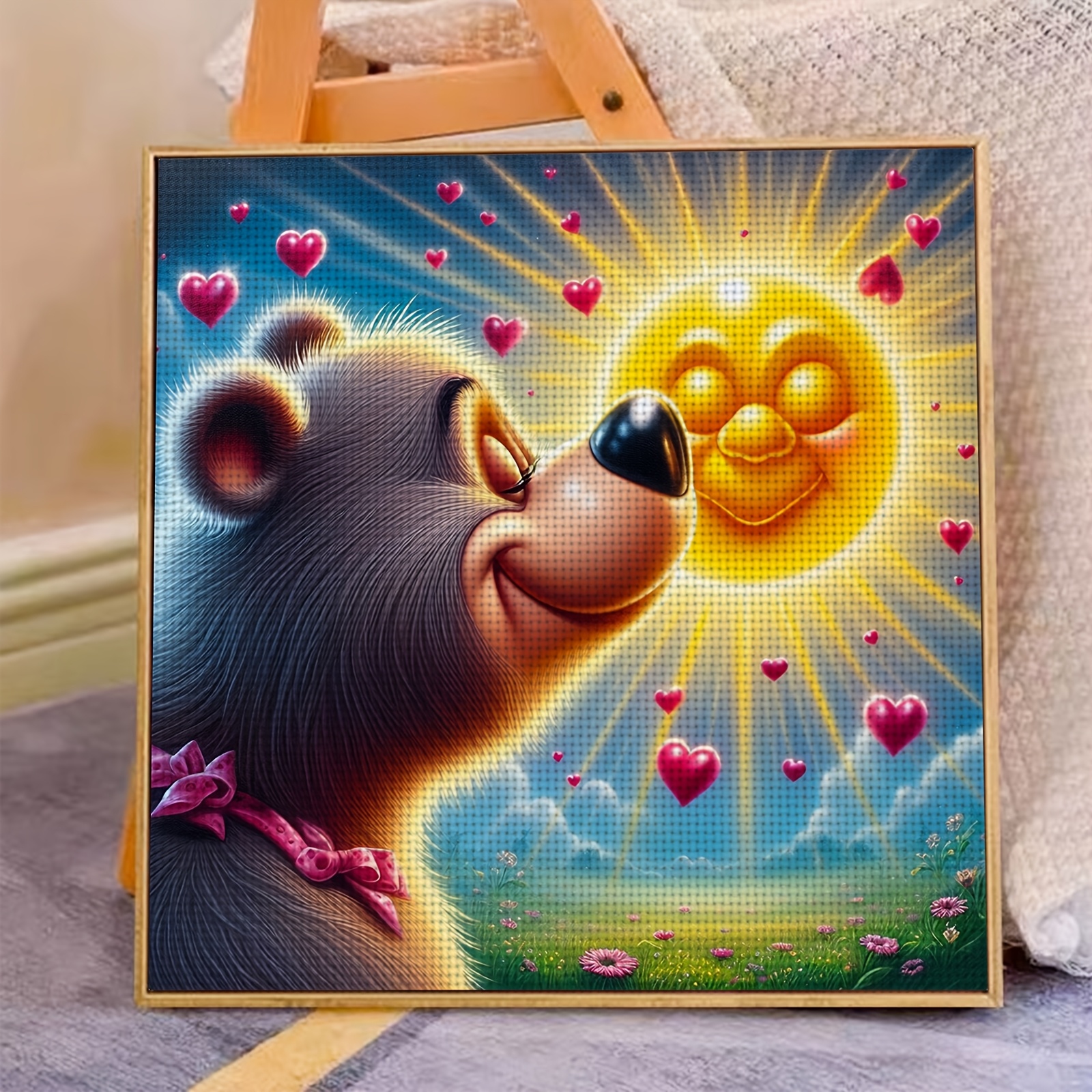 Frameless 11CT Printed Fabric Cross-Stitch Kit Featuring Bear Kissing Smiling Sun