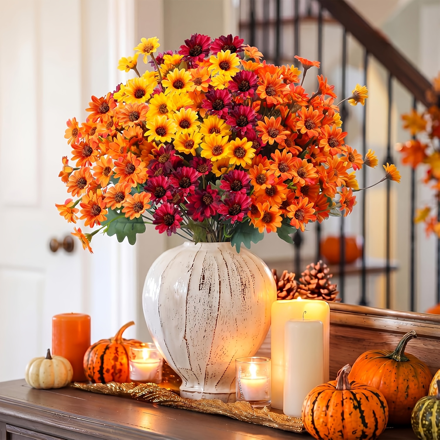 TEMU 126 Flowers = 6pcs Set Of Fall Artificial Flowers For Outdoors, Bulk Fake Daisies, Uv-resistant Faux Mums For Outdoor Planters, Realistic