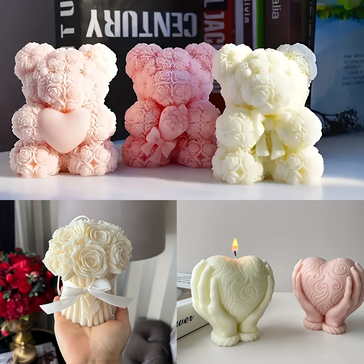 

5pcs Candle Making Silicone Mold, 3 Rose Bear And Hand-held Valentine's Day Gifts, Aromatherapy Wax Mold, Diy Craft Flower And For Epoxy Resin, Coloring Mold, Wax Candle Clay For Home Decoration