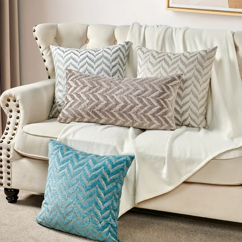 2pcs double sided chevron pattern jacquard throw pillow covers in blue gray and beige soft chenille texture decorative cushion covers for sofa couch chair living room bedroom decor inserts not included living room decor accents stylish cushion covers Product details 1