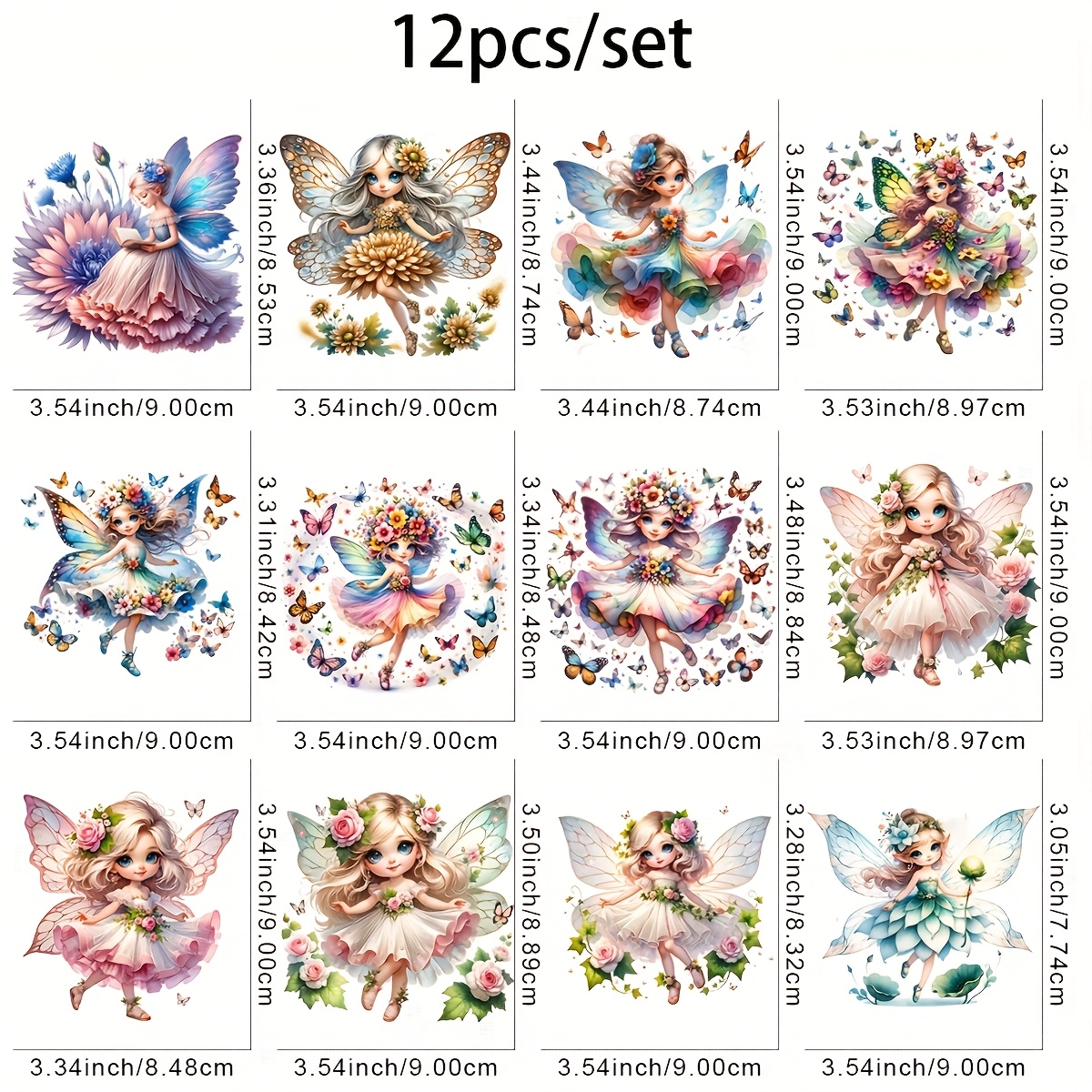 TEMU Set Of 12 Spring Fairy Dtf Heat Transfer Stickers, Featuring Multicolored Water-activated Patches With Floral And Nature , Perfect For T-shirts,