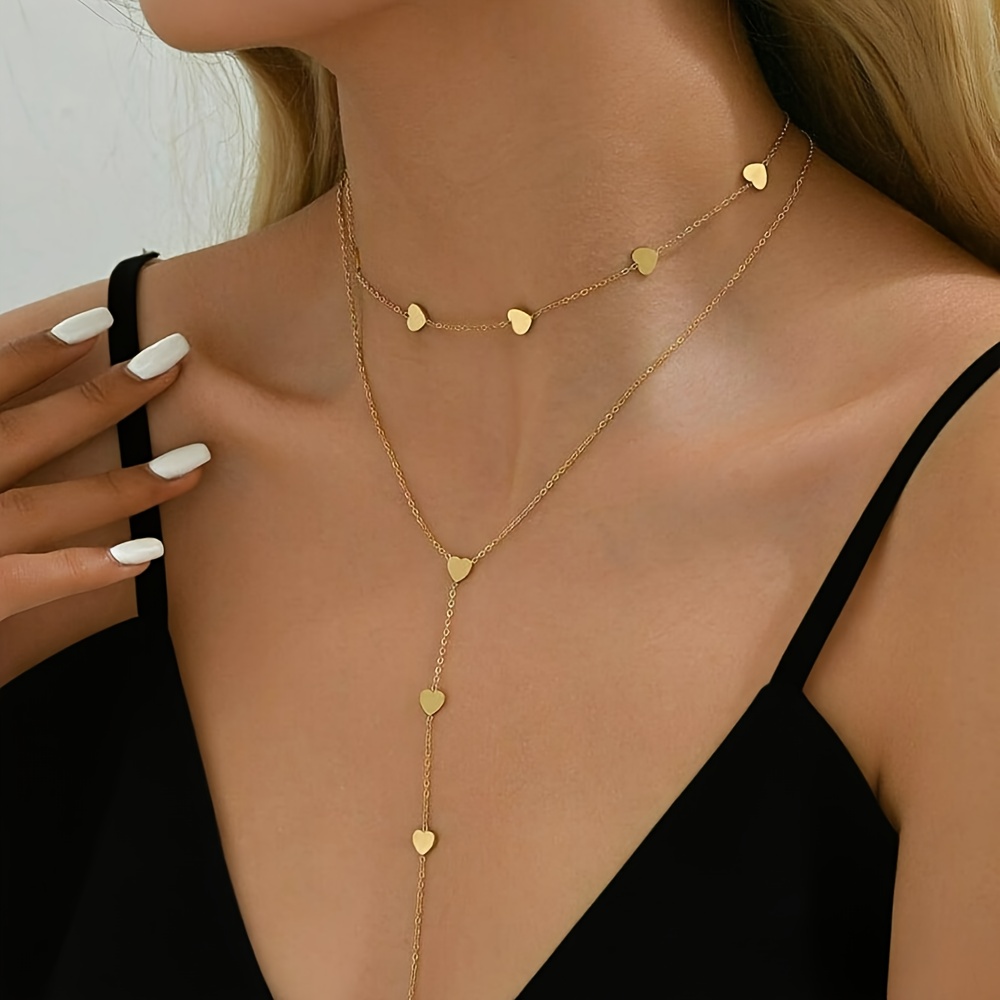 E-shop Double-Layer Herz-Anhänger Halskette - Mattes Edelstahl Schichtketten-Schmuck, Minimalistischer Retro-Stil für Frauen, Vielseitiges Geschenk zu