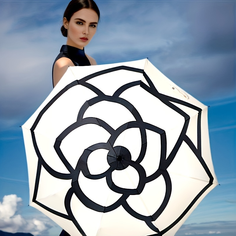 

1pc Fashionable Camellia Pattern Black Glue Sunscreen Anti-uv Golf Umbrella