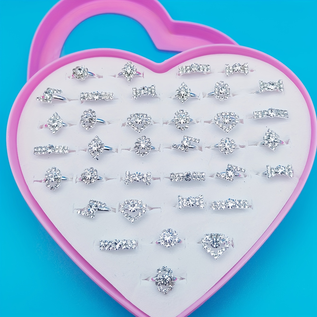 

36pcs/set Rhinestone Inlaid Silvery Rings For Girls, Perfect For Birthday Gift And Daily Wear