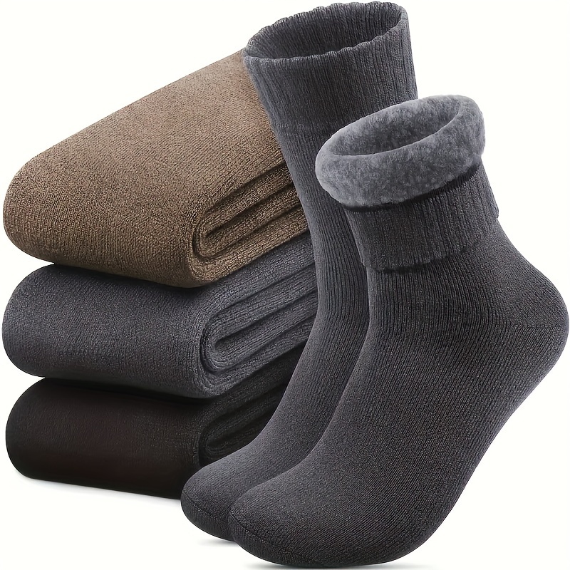 

3pcs Men's Winter Warm Socks, Thick Outdoor Thermal Socks, Soft & Thick, Classic Hiking Boots, Polyester , Washable, Solid Color, Knit Fabric