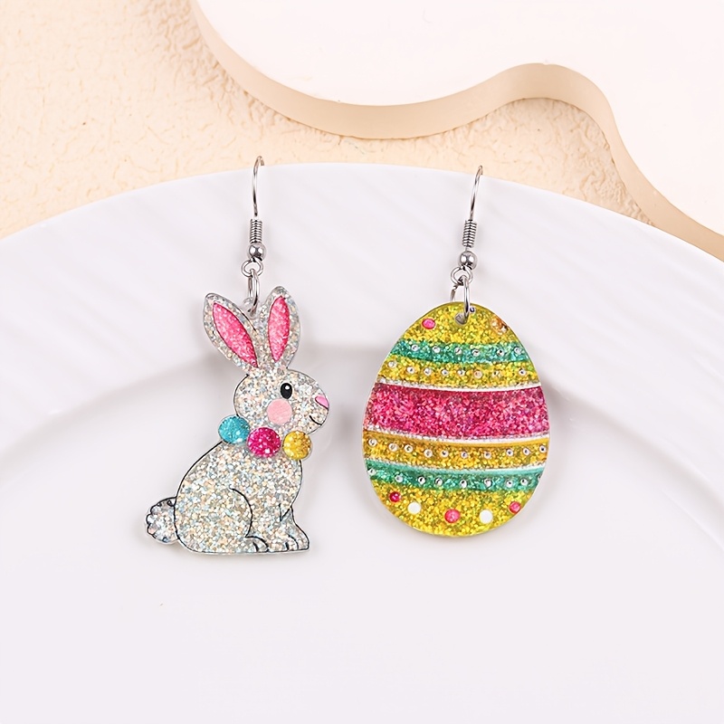 Image of 2pcs Fun Easter Colorful Letter Print Rabbit Egg Acrylic Earrings, Festival Party Gift Cute Cartoon Ear Drop Accessories For Women