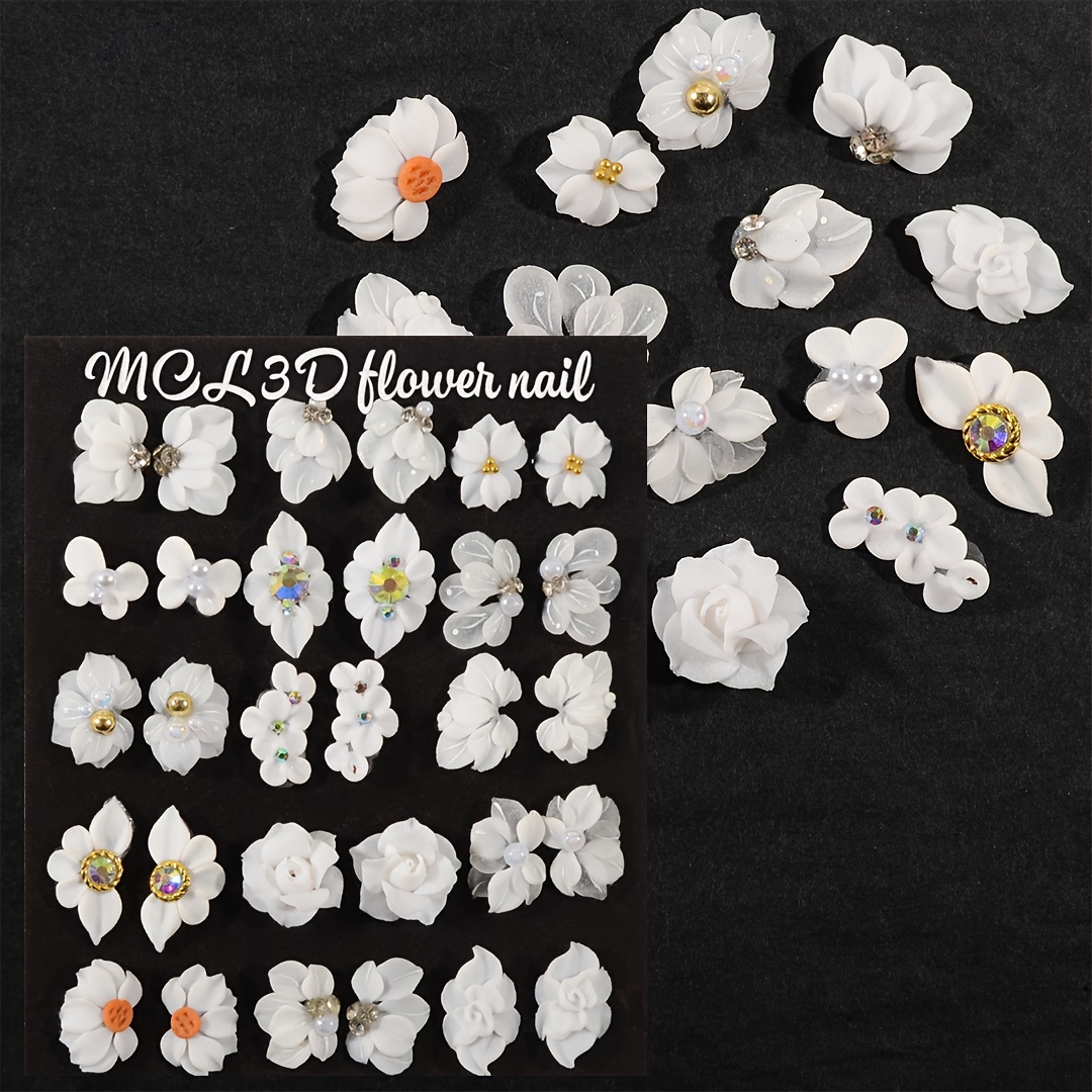 

30pcs Luxury Handcrafted White Acrylic Flower Nail Charms Set - 15 With Rhinestones & Crystals, High-end Pure Handmade Design, Perfect Gift For Women's Nail Art